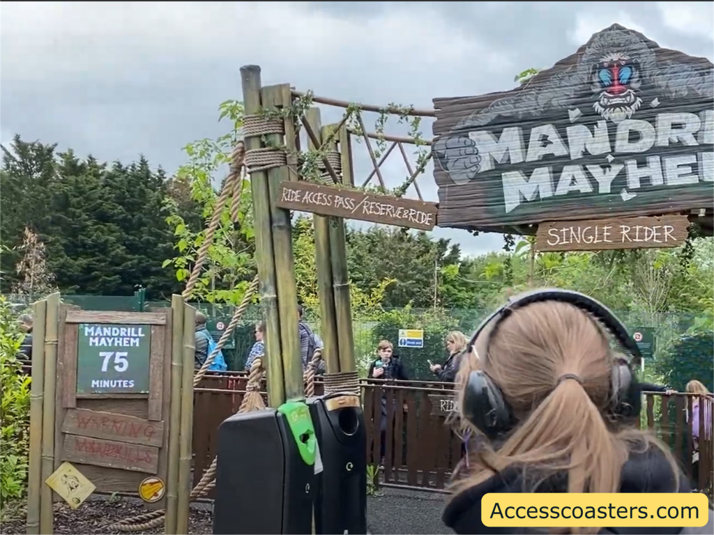 Image of Mandrel Mayhem entrance in the image you can see the ride access pass entrance as well as the main queue board saying 75 minutes 