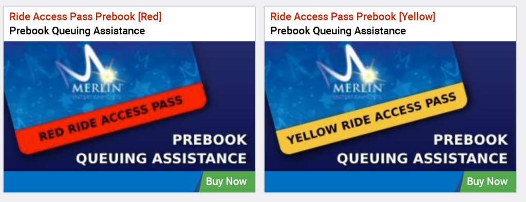 Image shows two boxs one with a picture of a red ride access pass ID card and one with a picture of a yellow ride access pass ID card. there is also text in each box that says pre book queueing assistance 