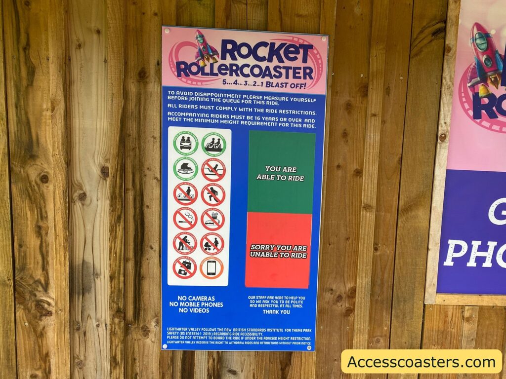 image of ride restriction board and hight chart for the rocket rollercoaster 