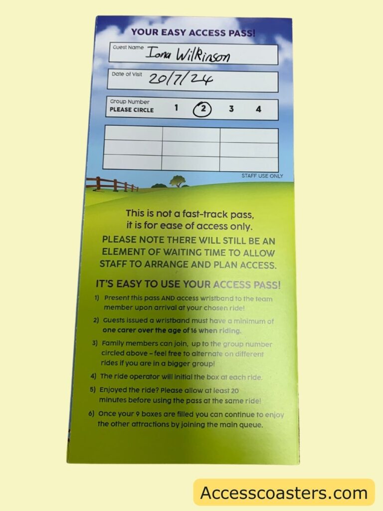 image if the ride easy access pass card. on the card you can see guests name, date of visit, group number with 1, 2, 3 or 4 circled. a table with 9 spaces  