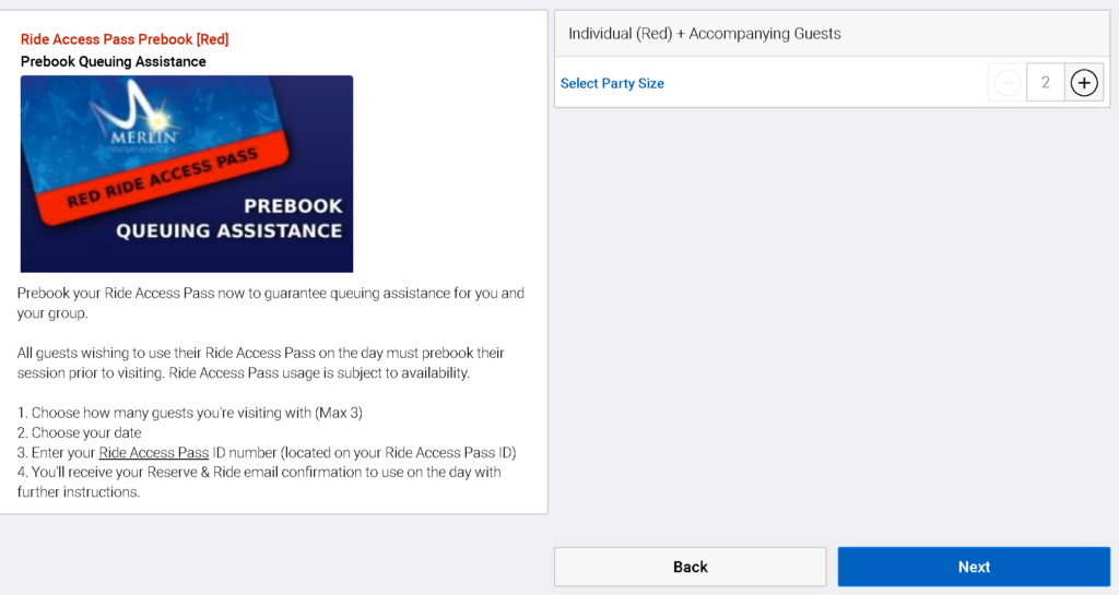 Image shows box where you select your party size of people using ride access pass 