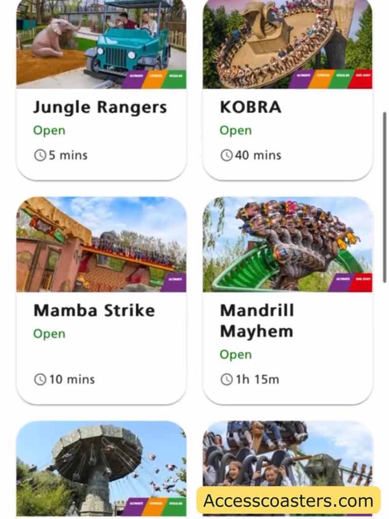 Image shows digital ride access pass system at Chessington. 