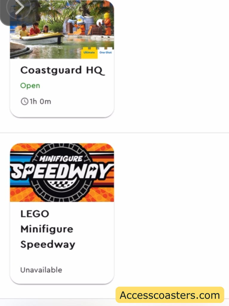 Image shows reserve and ride booking screen with Legoland rides available. 