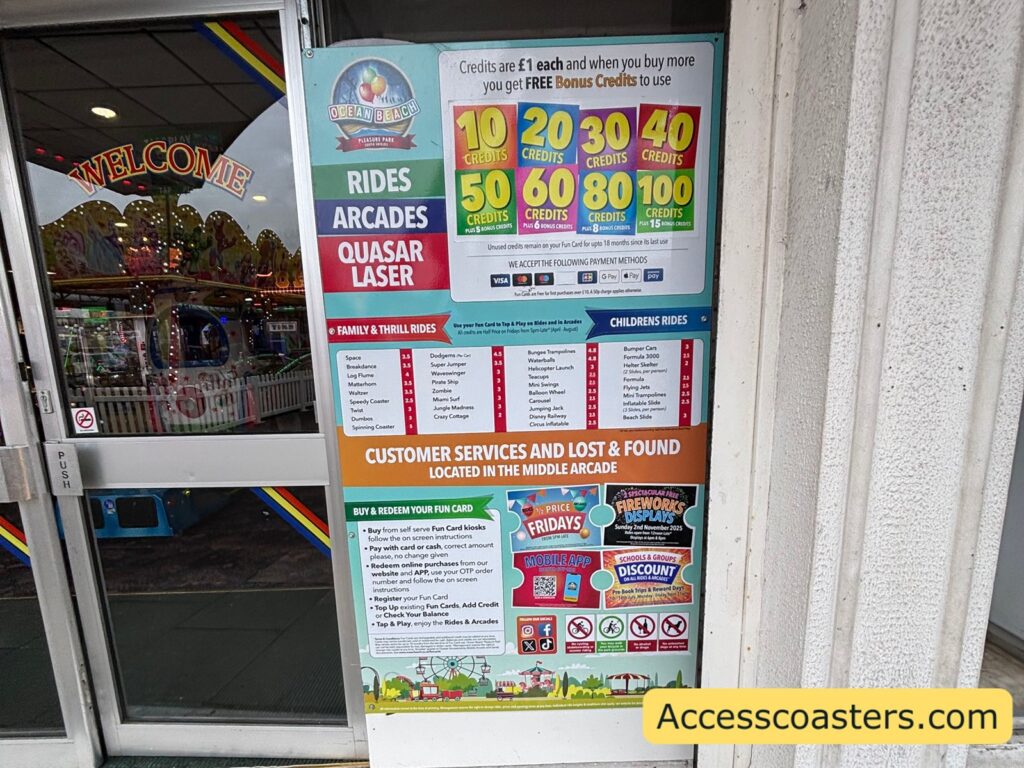Price and information board for Ocean Beach Pleasure Park. The top explains that visitors load money onto a cashless Fun Card. Example bundles range from £10 for 10 credits with no bonus to £100 for 100 credits plus 25 bonus credits (125 total). Credits remain valid on the card for up to 18 months. Below, two columns list ride prices: family and thrill rides generally cost between 2.5 and 4 credits, while children’s rides cost between 2 and 3 credits. A highlighted strip states that Customer Services and Lost & Found are located in the Middle Arcade. 