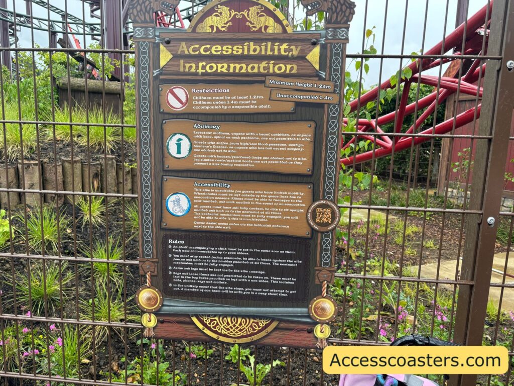 Accessibility Information sign for Drakon 

Top panels:
Minimum height 1.2 metres
Unaccompanied 1.4 metres

Restrictions:
Children must be at least 1.2 metres tall to ride.
Children under 1.4 metres must be accompanied by a responsible adult.

Advisory:
Not recommended for expectant mothers.
Not recommended for anyone with a heart condition, back or neck problems, high or low blood pressure, epilepsy, Ménière’s disease, recent surgery, or any condition that makes riding a roller coaster unsafe.
Guests with broken or prosthetic limbs are only permitted to ride if the limb does not interfere with the lap bar or seat belt, as this presents a risk during evacuation.

Accessibility:
Not suitable for guests with limited mobility who cannot manage steps.
Wheelchair users cannot ride because they cannot access evacuation areas.
All guests must be able to walk, stand, and board via steps; assistance may be needed from the ride entrance to the exit.
Guests with other disabilities should use the dedicated entrance next to the ride exit.

Rules:
Children under the required height must ride with an accompanying adult.
Each rider must remain seated with arms and legs inside the car from dispatch until the ride stops in the station.
Loose items must be stored in the baggage or loose-item area.
Hats and long, loose clothing must be removed and stored.
Do not block the station gates, entrance, exit, or surrounding areas.
Staff are available to assist and give further instructions.