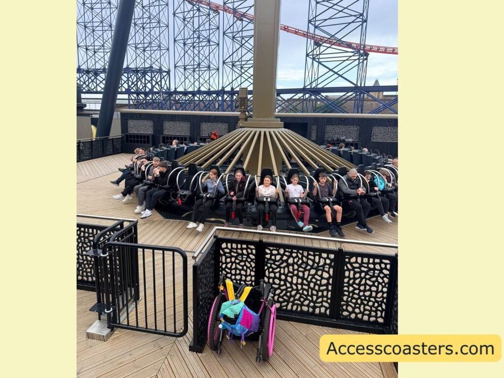 image of Aviktas in the ride station with the exit gate and fenced area to store wheelchairs