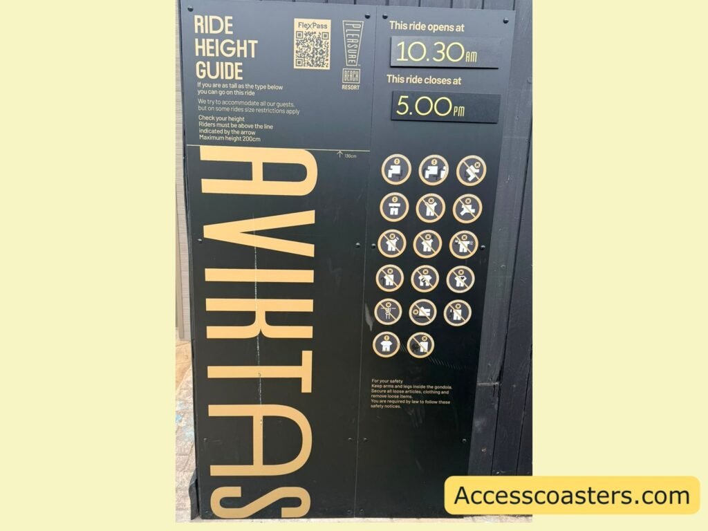 ride restriction board on the left is a “Ride Height Guide” panel with a QR code, short safety note, a horizontal height marker labeled “1.1m,” and text stating the maximum height is 200 cm. The ride name “AVIKTAS” is written in huge vertical letters down the panel. On the right, a section shows operating hours: opens at 10:30 am and closes at 5:00 pm. Below the times is a grid of circular tan icons on the dark background showing various ride rules and restrictions (such as no food or drink, no loose items, health and pregnancy warnings, and accessibility symbols). A small block of text at the bottom mentions safety instructions about remaining inside the gondola and not using phones or cameras.