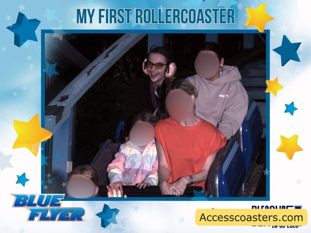 Iona's on ride photo for blue flyer text on the on ride photo reads my first rollercoaster 