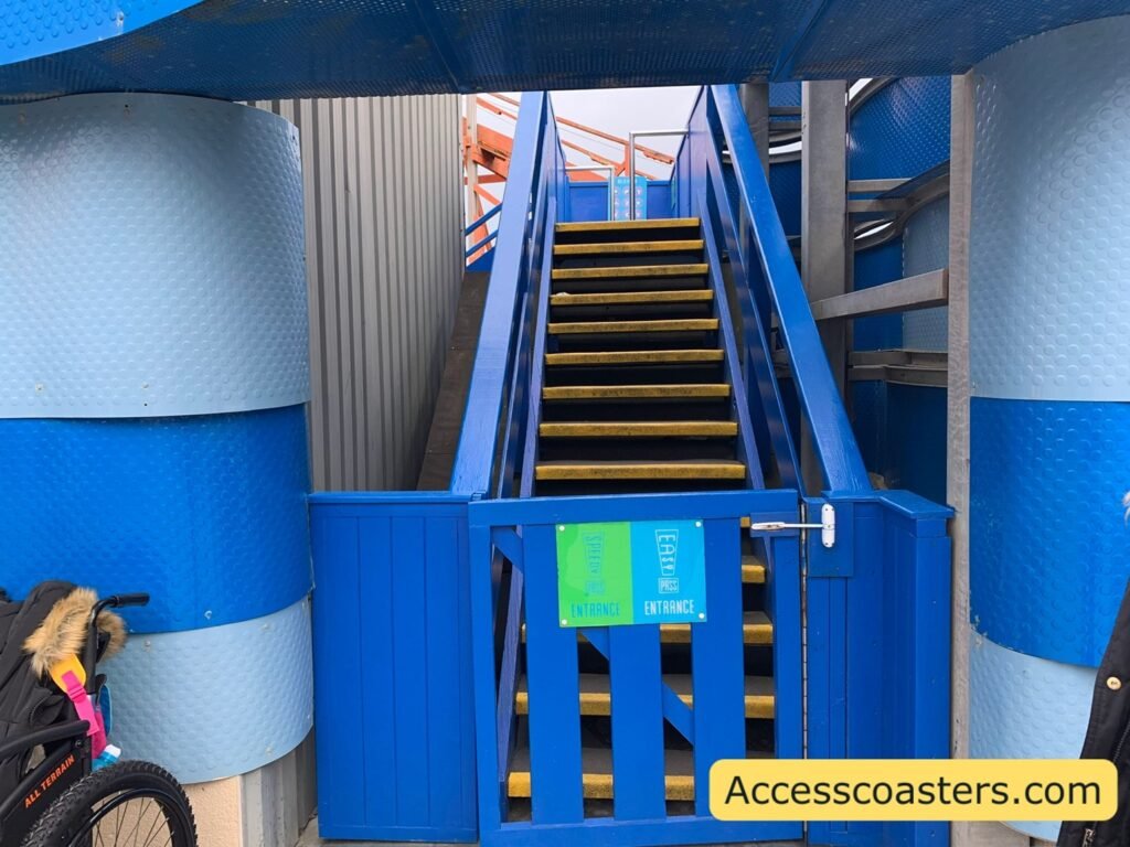image of stair case with blue gate that has signs on that read easy pass entrance and speedy pass entrance. 