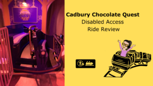 On one half the image is a picture of Cadbury Choclate Quest Ride Cart. On the other side of the image there is a yellow background with text saying Paultons Park disabled access review as well as a cartoon of Iona on a rollercoaster in the bottom corner.