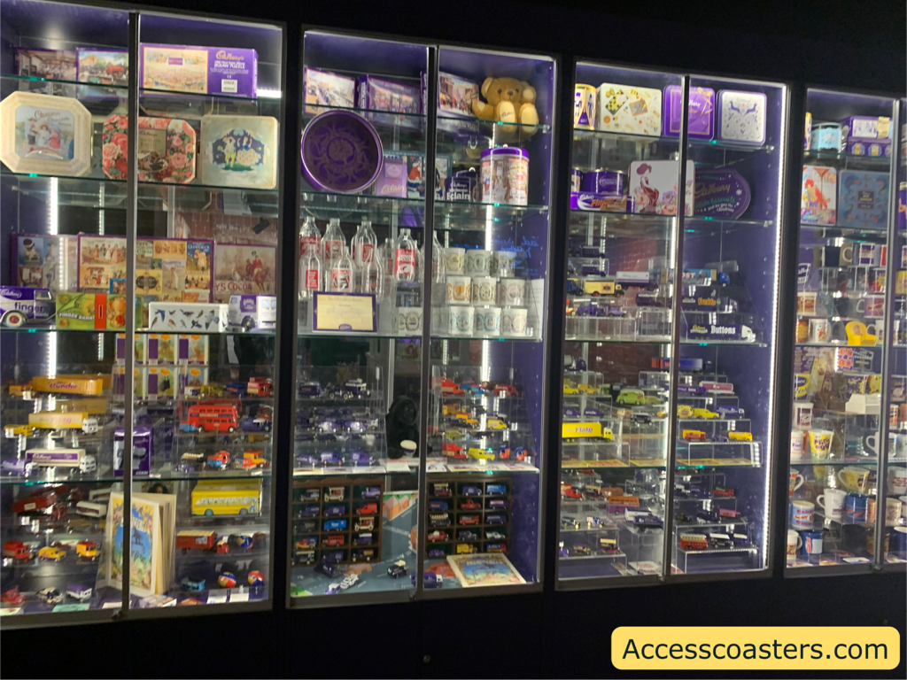 Display cabinets of old Cadbury products and memorabilia.