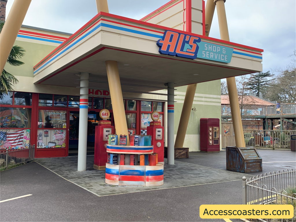 Image shows Tornado springs gift shop that is themed like a gas station 