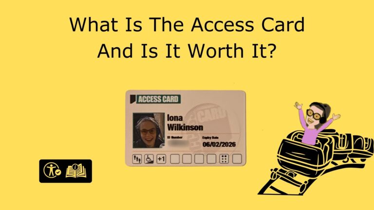 Image on a yellow background with text saying what is an access card and is it worth it. there is an image f Ionas access card in the middle and a cartoon of Iona on a rollercoaster in the bottom right corner.