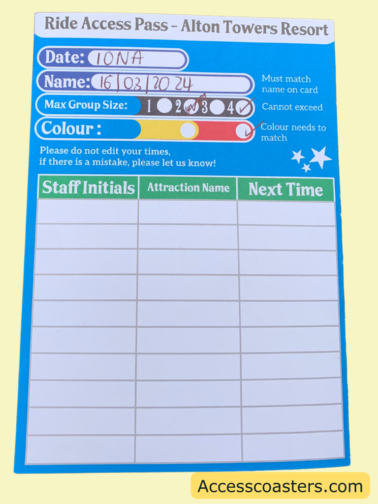 Image of back of the ride access pass time card. It says date, name, group size (options of 12, 3 and 4) and colour red or yellow. There is then a table for for staff to fill in when you use ride access at a ride. The headings on the table are staff initials, attraction name, net time.