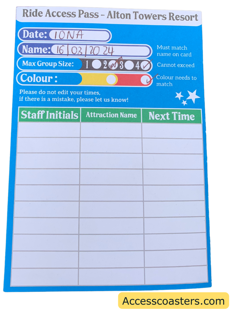 Image of back of the ride access pass time card. It says date, name, group size (options of 12, 3 and 4) and colour red or yellow. There is then a table for for staff to fill in when you use ride access at a ride. The headings on the table are staff initials, attraction name, net time.