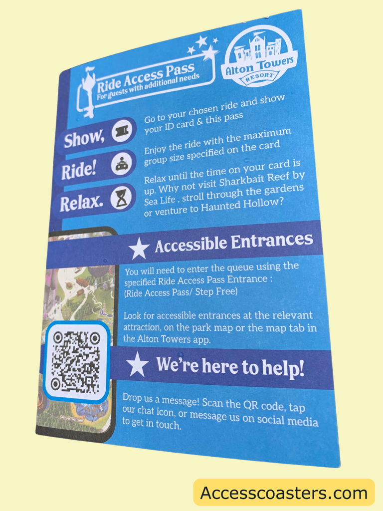 Image of the front of ride access pass time card that says show relax ride and explain each step. it also says that you will need to use the specified entrance either ride access pass or step free. there is also a QR code that you can scan to get help on the park.