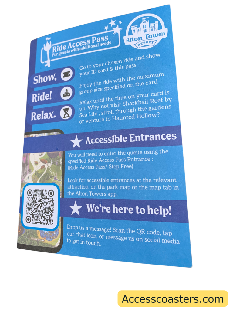 Image of the front of ride access pass time card that says show relax ride and explain each step. it also says that you will need to use the specified entrance either ride access pass or step free. there is also a QR code that you can scan to get help on the park.