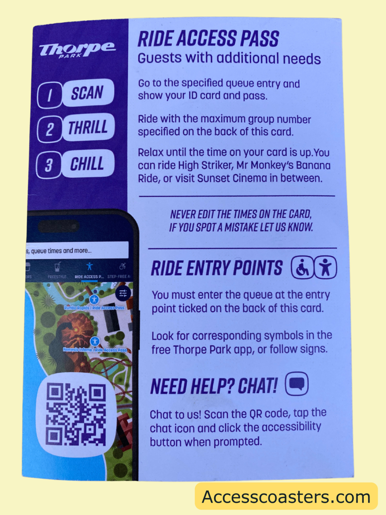 Image of the front of ride access pass time card that says show relax ride and explain each step. it also says that you will need to use the specified entrance either ride access pass or step free. there is also a QR code that you can scan to get help on the park.