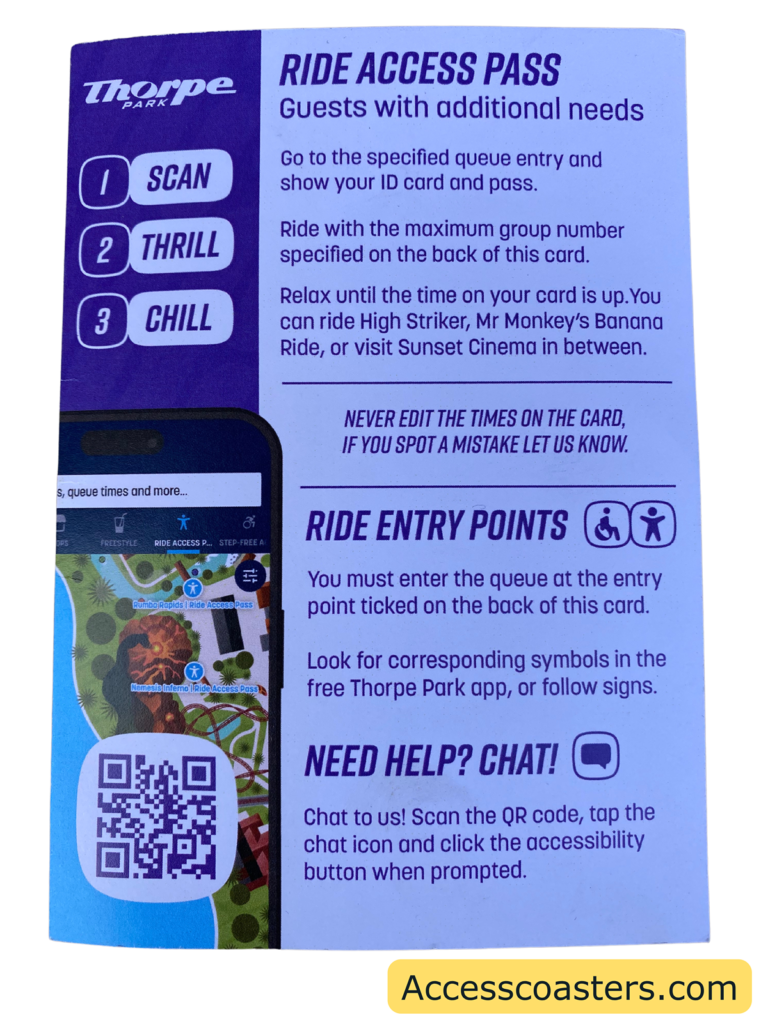 Image of the front of ride access pass time card that says show relax ride and explain each step. it also says that you will need to use the specified entrance either ride access pass or step free. there is also a QR code that you can scan to get help on the park.