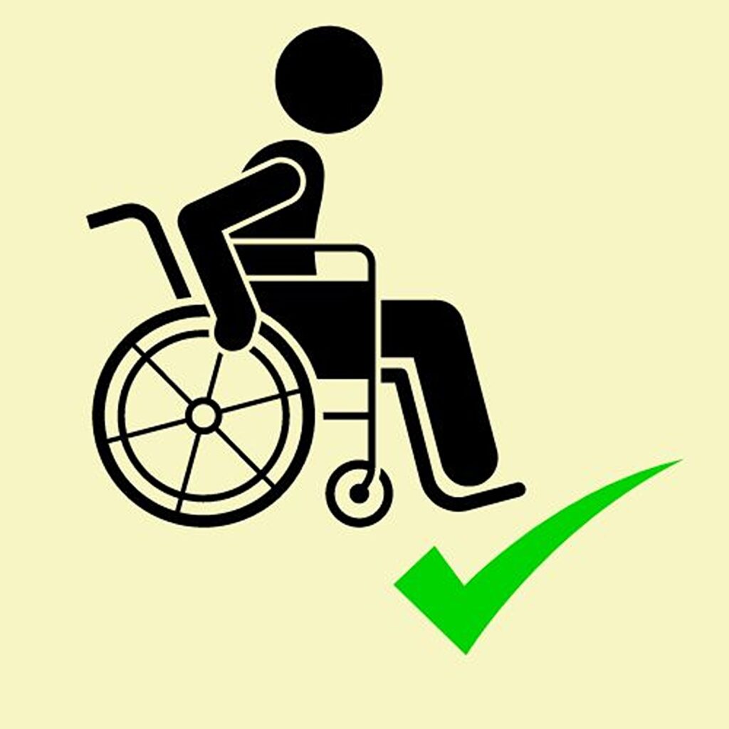 image of person sat in a wheelchair with a green tick next it. meaning you can stay in your wheelchair for the ride 