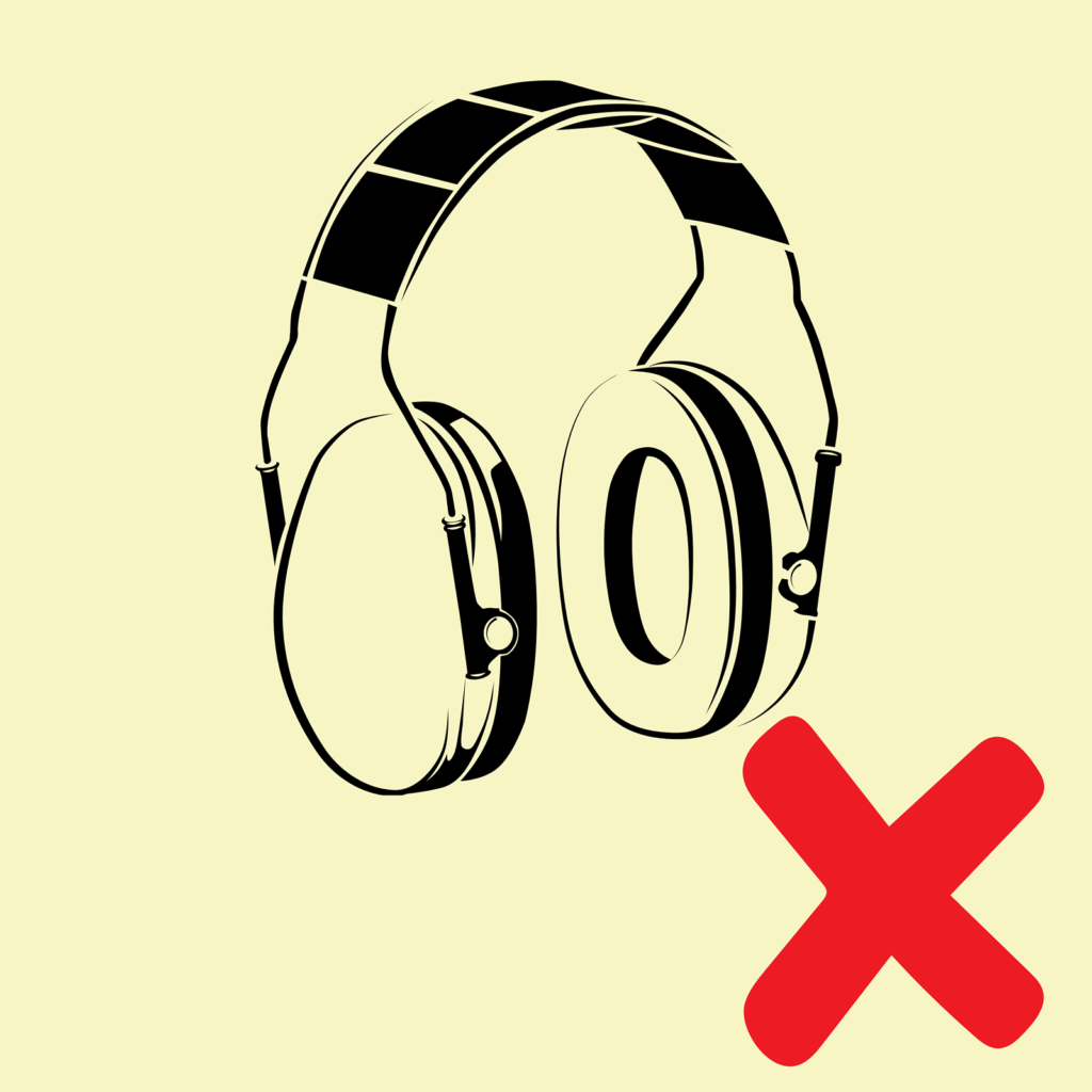 image of a pair of ear defnders with a red cross next to them indcating their not allowed
