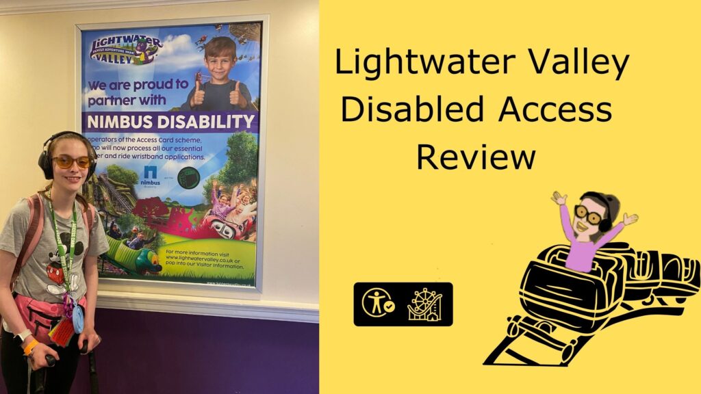 On one half the image is a picture of Iona stood Infront of sign that says lightwater valley are proud partners with Nimbus disability. On the other side of the image there is a yellow background with text saying Lightwater valley disabled access review as well as a cartoon of Iona on a rollercoaster in the bottom corner.