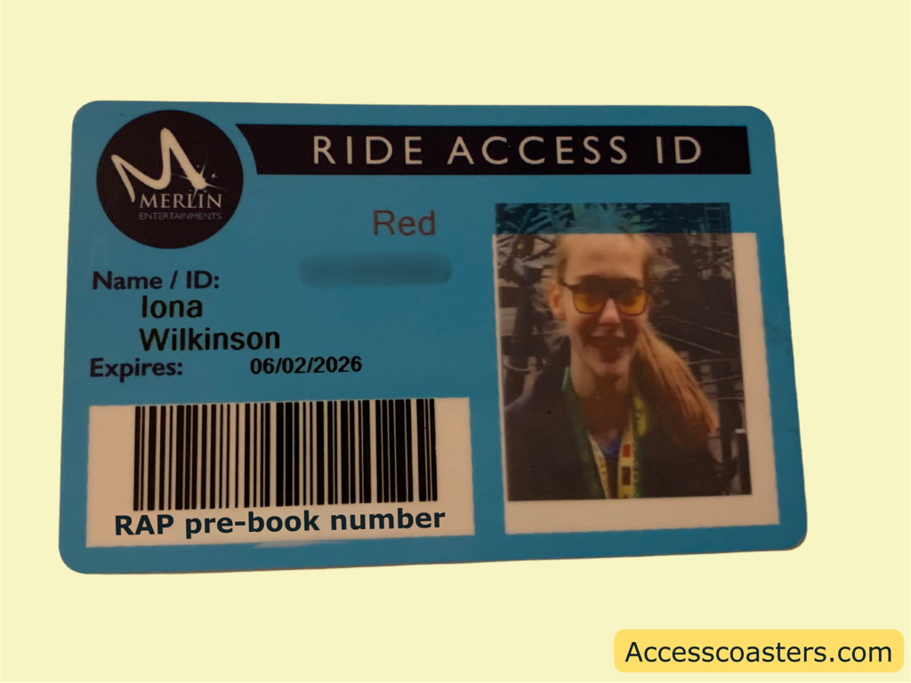 Image of Iona's ride access pass ID card. on the card there is Iona name and photo as well as the word red there is also a barcode with Iona barcode number underneath to pre book her ride access pass for day of visit.