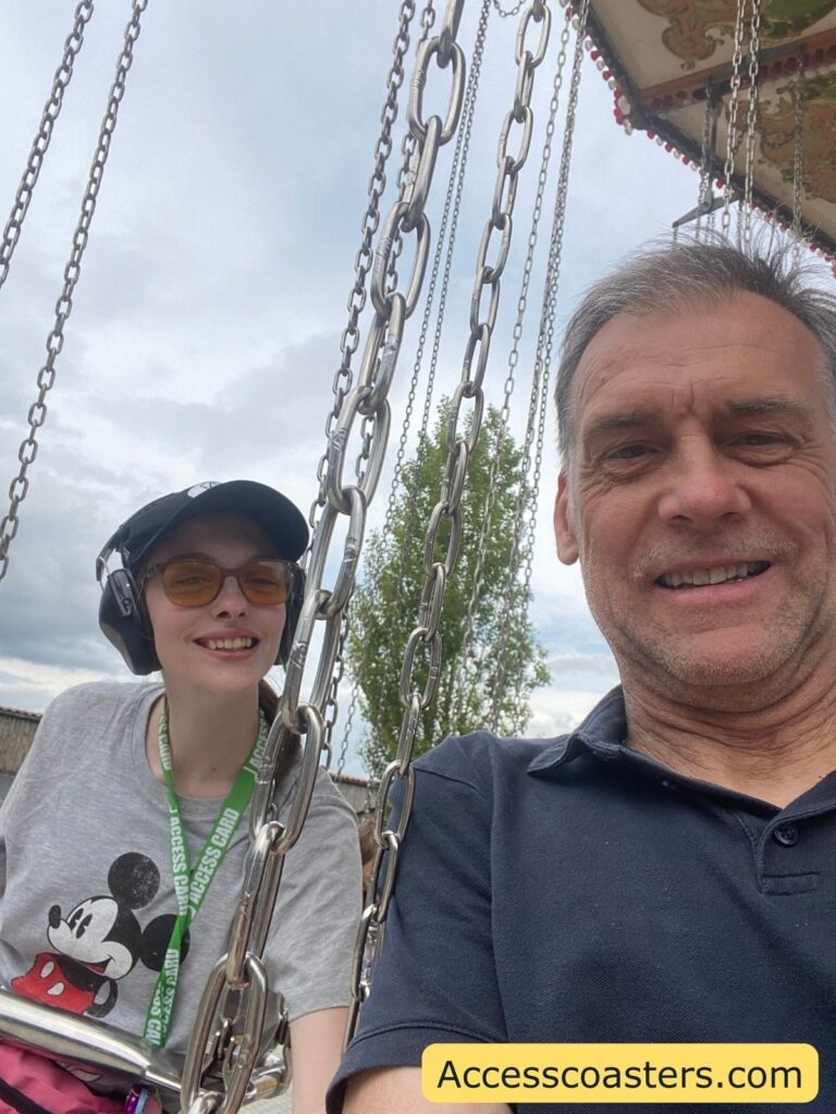 selfie of iona and dad sat on the sky rider 