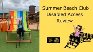 On one half the image is a picture of Iona sat in a giant summer beach branded deck chair. On the other side of the image there is a yellow background with text saying Lightwater valley disabled access review as well as a cartoon of Iona on a rollercoaster in the bottom corner.