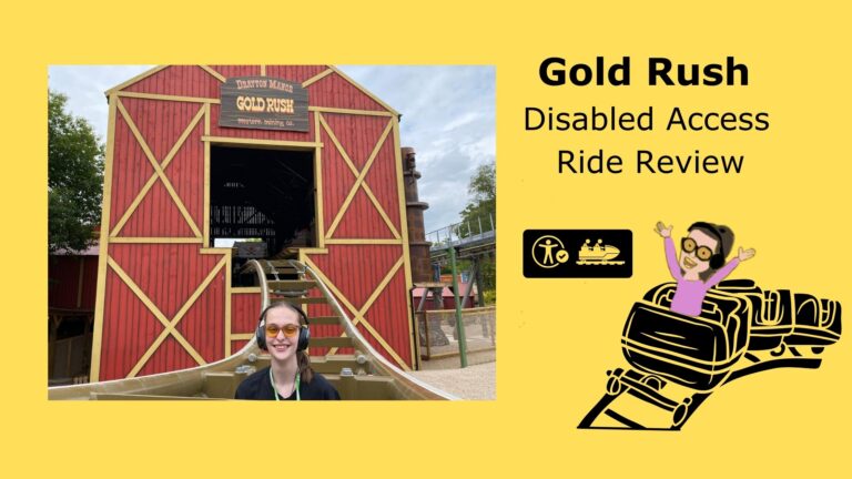 On one half the image is a picture of Iona stood in the middle of the track with the station in the background. On the other side of the image there is a yellow background with text saying gold rush disabled access ride review as well as a cartoon of Iona on a rollercoaster in the bottom corner.