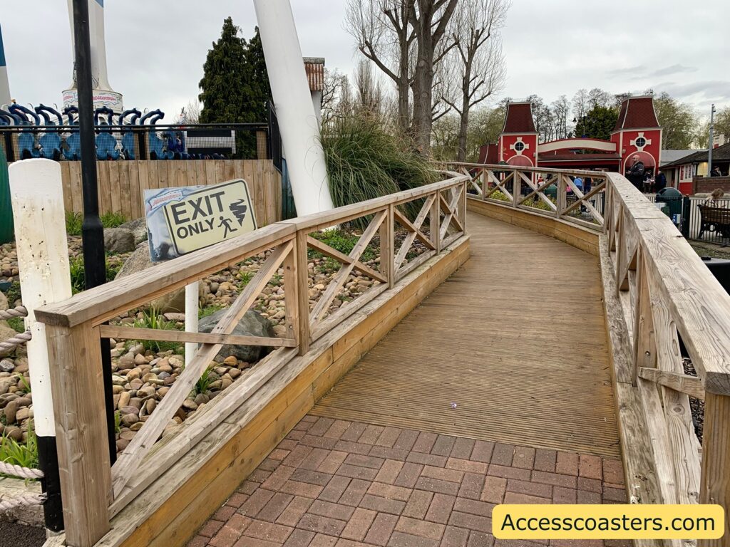 in the image you can see a ramp leading up to Maelstrom ride with a sign that says exit. 