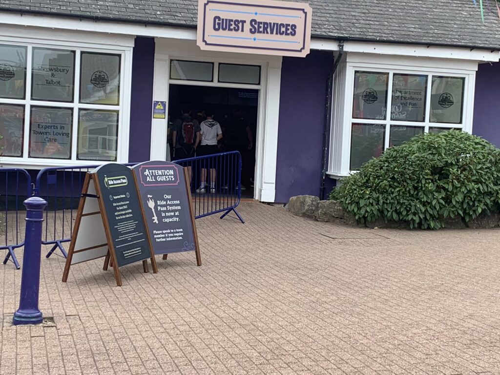 Image shows the outside of the main guest services building on Towers Street at Alton Towers