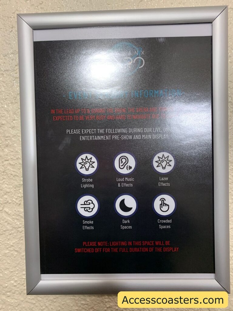 image shows sensory board for the phalanx expo fireworks the sign reeds event sensory information please expect the following during on stage entertament, pre show and main display: strobe lighting, loud music and effects, lazer effects, dark smoke and crowds.