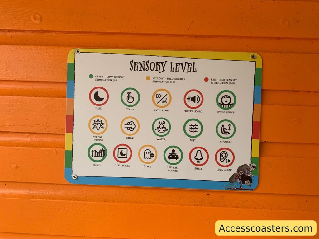 this sensory leavl board is for gangster granny the ride. the following symbols on the board are ladled green: touch, hight, lap bar/harness, mist, g force and upside down. the following symbols on the board are ladled yellow: fast/slow, strobe lighting, smoke, scare. the following symbols on the board are ladled red dark, dark space, sudden sound, smell and loud sound