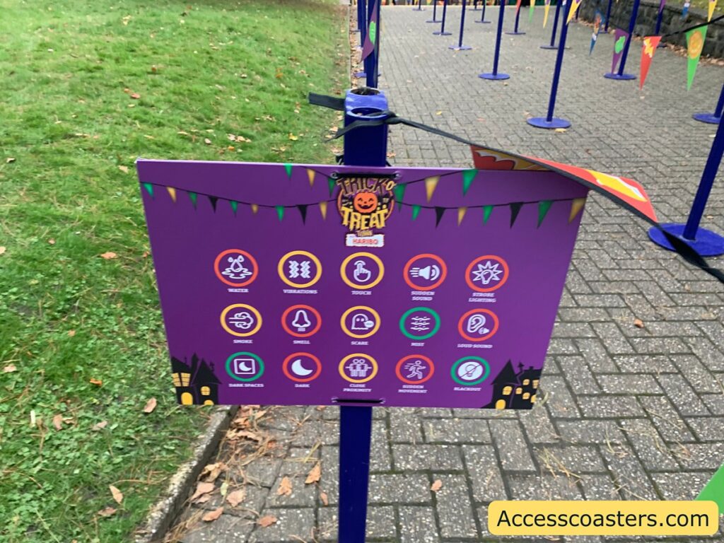 Image shows sensory level board for trick o treat town. the following symbols on the board are ladled green: mist, dark spaces and blackout. the following symbols on the board are ladled yellow vibrations, touch, smoke, scare and close proximity. the following symbols on the board are ladled red: water, smell, dark, sudden sound, strobe lighting, loud environment and sudden movement.