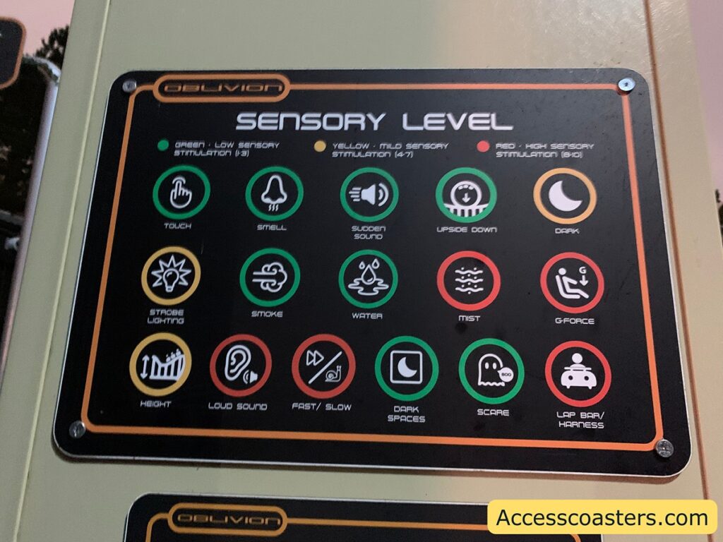 sensory level board for oblivion. the following symbols on the board are ladled green: touch, smell, sudden sound, upside down, smoke, water, dark spaces, scare. the following the following symbols on the board are ladled yellow bark, hight and strobe lighting. the following symbols on the board are ladled red: G force, mist and lap bar/harness, loud sound and fast/slow