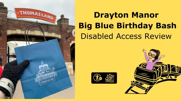 A person wearing a black glove is holding a blue paper bag with the logo "Big Blue Birthday Bash February Half Term" printed on it. In the background, there is an entrance with a sign that reads "Thomas Land." On the right side, there is a yellow background with text that says "Drayton Manor Big Blue Birthday Bash Disabled Access Review." Below the text, there is a cartoon image of a person with glasses and headphones, raising their arms while riding a roller coaster. There are also two icons: one representing accessibility and the other depicting a theme park.