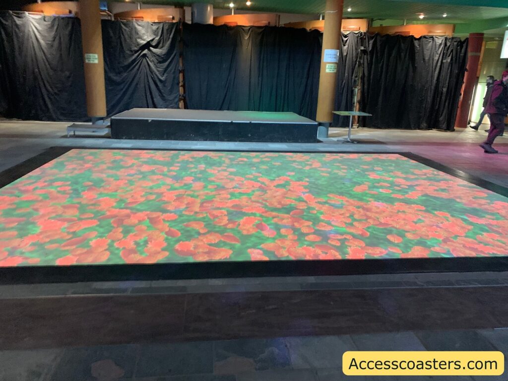 A large rectangular area on the floor is covered with a digital display of bright orange and red flowers against a green background, resembling a field of poppies. The area is bordered by a black frame. In the background, there is a small stage with steps leading up to it, surrounded by wooden pillars and draped with black curtains. A person is walking on the right side of the image. In the bottom right corner, there is a yellow rectangle with the text "Accesscoasters.com" written on it.