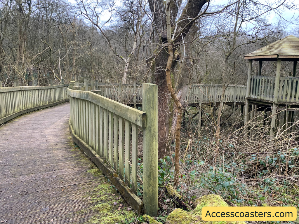 A wooden boardwalk with railings curves through a forested area. The trees are bare, suggesting a winter or early spring setting. To the right, there is a wooden gazebo elevated on stilts, connected to the boardwalk. The ground is covered with moss and fallen leaves, and the overall atmosphere is serene and natural. In the bottom right corner, there is a yellow box with the text "Accesscoasters.com".