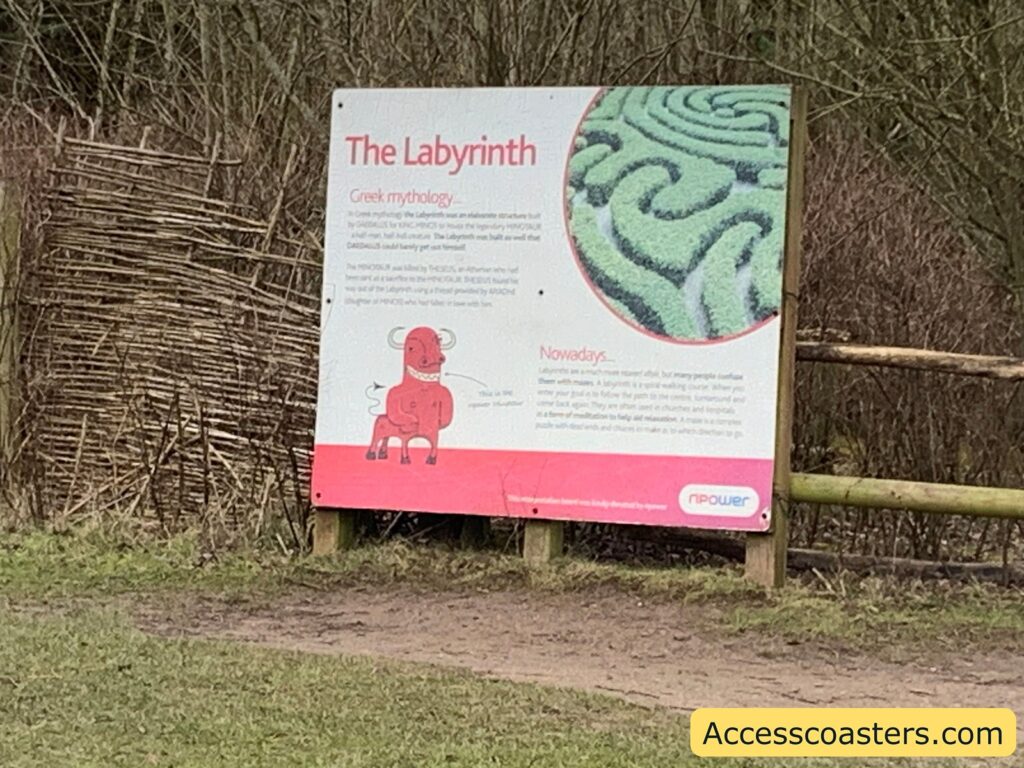 A sign titled "The Labyrinth" is displayed outdoors, with a woven fence and trees in the background. The sign includes information about Greek mythology, specifically the story of the Labyrinth and the Minotaur. It also explains the modern use of labyrinths as a form of meditation and relaxation. An illustration of a Minotaur is present on the sign. The bottom of the sign has a logo for "npower." In the bottom right corner of the image, there is a watermark that reads "Accesscoasters.com."