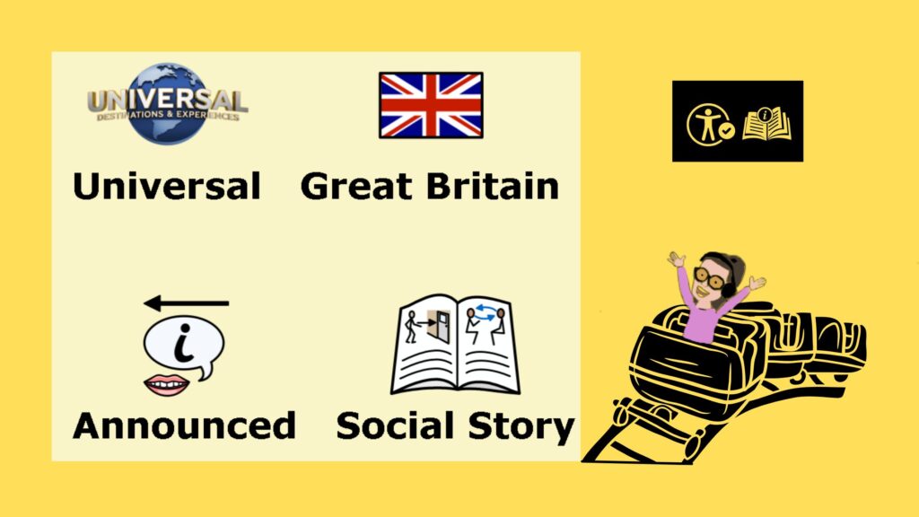 Yellow background with various elements. At the top left, the Universal Destinations & Experiences logo features a globe with "UNIVERSAL" in gold letters and "DESTINATIONS & EXPERIENCES" in smaller text below. Next to it, the text "Universal" is written. To the right, a Union Jack flag with the text "Great Britain" underneath. Below, on the left, an icon of a speech bubble with an "i" inside and an arrow pointing left, above a pair of lips. The word "Announced" is written below this icon. Next to it, an open book icon with simple illustrations of people, labeled "Social Story." On the right, a black rectangle with a symbol of a person inside a circle and a checkmark, next to an open book with an "i" on it. Below, a cartoon character with glasses and headphones, arms raised, seated in a roller coaster car.