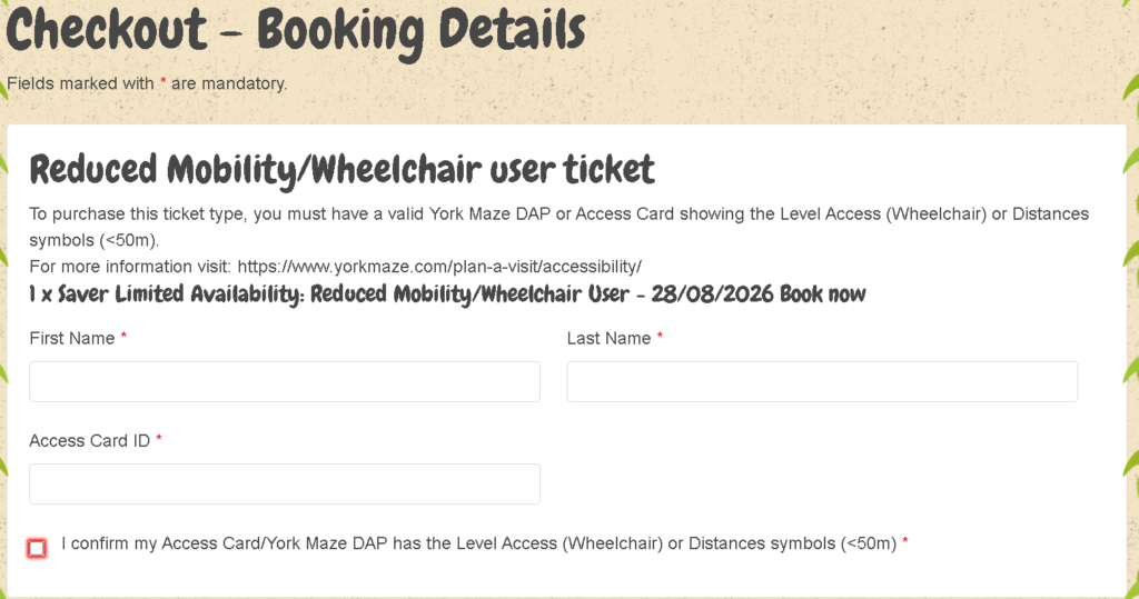  the “Checkout – Booking Details” section is open for the “Reduced Mobility/Wheelchair user ticket,” showing form fields for first name, last name, and Access Card ID, plus a required checkbox confirming the card has Level Access (Wheelchair) or Distances (<50m) symbols.
