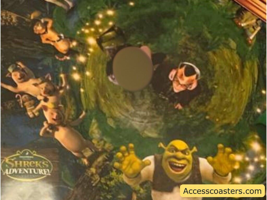 Shrek's Adventure!" theme attraction. The image features several animated characters from the Shrek movie series, including Shrek himself in the foreground with his arms outstretched and a big smile. To the left, the Three Little Pigs and Puss in Boots are visible, looking excited. In the center, there is a circular area with a blurred spot, possibly covering a face or object, and a characte