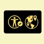 Yellow accessibility and location icons on a black rectangle. On the left, there is a stylized human figure with arms outstretched inside a circle, next to a checkmark. On the right, there is a globe showing the Americas with two location pins on it representing visitor attractions