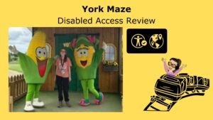 bright yellow presentation slide with the title "York Maze Disabled Access Ride Review" in large black text. In the center, there is a photo of a smiling Iona standing between two people in large, cheerful corn cob costumes—one with a pink bow and shoes, the other with a big red mouth. The background of the photo shows a wooden building with sunflowers. On the left side of the slide, there is a black accessibility icon with a globe. On the right, there is a cartoon of Iona with glasses and headphones, arms raised, riding a roller coaster.