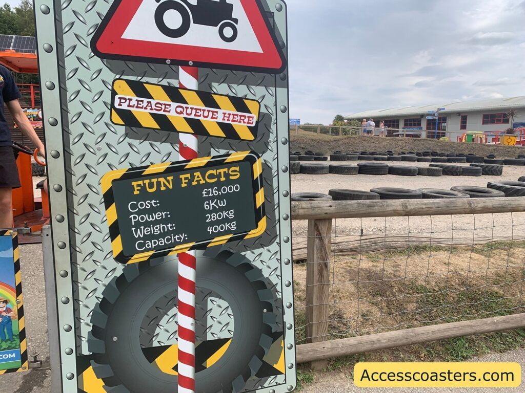 sign at tractor attraction with information and fun facts. The sign has a metal plate background with a tire graphic at the bottom and a striped red and white pole in the center. At the top of the sign is a triangular tractor warning sign, and underneath it says “PLEASE QUEUE HERE” in red letters on a yellow and black striped background. Below, another sign reads:
FUN FACTS
Cost: £16,000
Power: 6Kw
Weight: 280kg
Capacity: 400kg