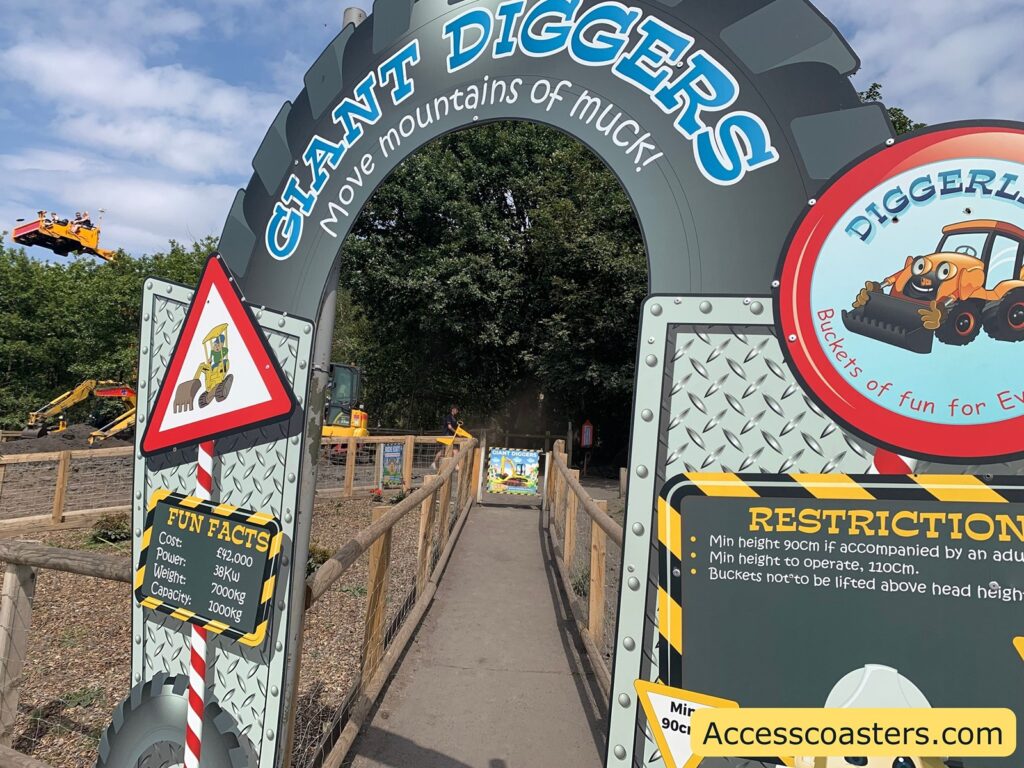 Entrance archway to a themed attraction called "Giant Diggers: Move mountains of muck!" The arch is shaped like a large tire with playful signage and illustrations of diggers. To the left, there's a "Fun Facts" panel stating:
Cost: £42,000
Power: 38Kw
Weight: 7000kg
Capacity: 1000kg
To the right, a partial "Restrictions" sign mentions minimum height requirements and safe operation rules. The background shows several real digger machines within a fenced area, and there are trees and a partly cloudy sky. The bright, child-friendly design suggests this is an amusement or activity park area for operating diggers, likely part of "Diggerland."