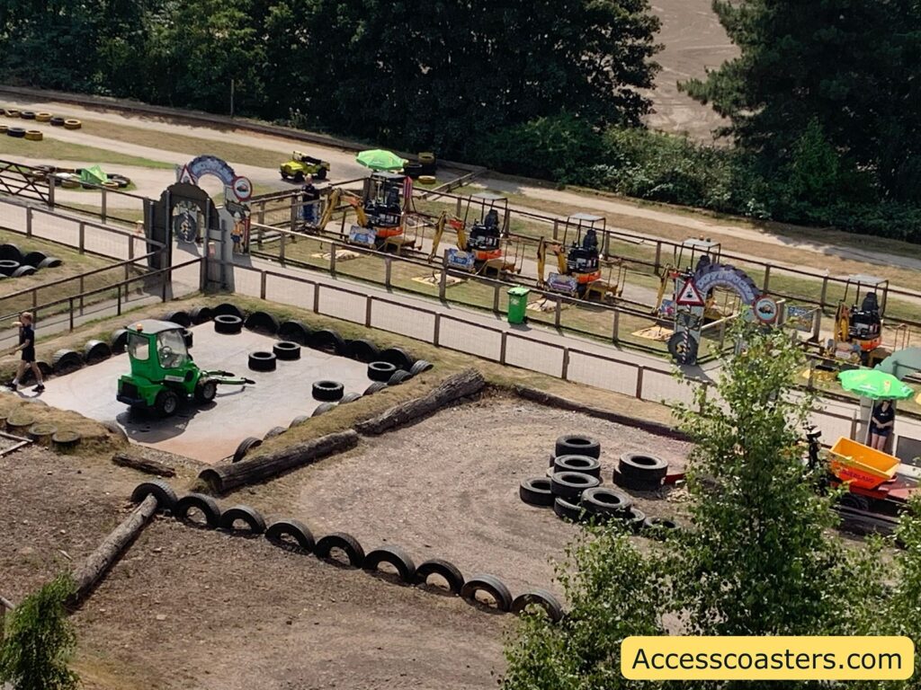 Outdoor construction-themed theme park, viewed from above. The scene includes a small green vehicle in a space bordered by tires, a dirt track or path lined with tires