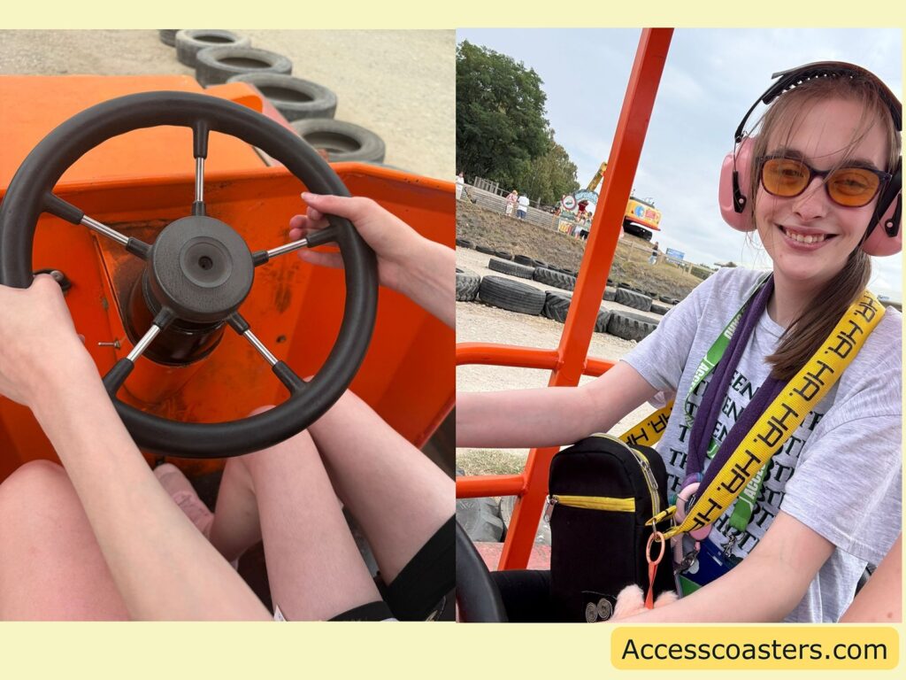 Split image showing two scenes at an outdoor track. On the left, close-up view of a person’s hands on a black steering wheel inside an orange go-kart, with their knees also visible underneath the wheel. In the background, some black tires are laid on the ground as track borders. On the right, a smiling young person in a gray t-shirt is seated in the orange go kart holding the steering wheel.