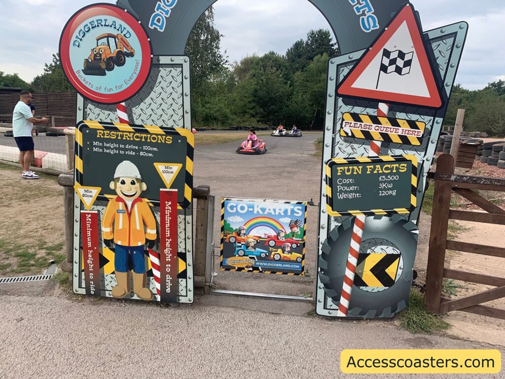 Entrance to a go-kart track at Diggerland, featuring large colorful signs with information. the sign reads **Top Left Sign:**
DIGGERLAND
Buckets of fun for Everyone!
**Middle Left Sign:**
RESTRICTIONS
Min height to drive - 100cm.
Min height to ride - 80cm.
On the figure:
Min 80cm
Minimum height to ride
Min 100cm
Minimum height to drive
**Middle Bottom Sign:**
GO-KARTS
www.DIGGERLAND.com
**Top Right Sign:**
(Picture of a chequered flag)
PLEASE QUEUE HERE
**Middle Right Sign:**
FUN FACTS
Cost: £5,500
Power: 3 kW
Weight: 120 kg